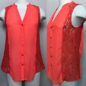 NEW Neon Coral Blouse w/ Crocheted Side Panels